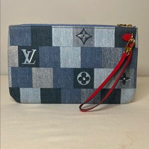 Louis Vuitton Denim Patchwork Clutch with Red Strap